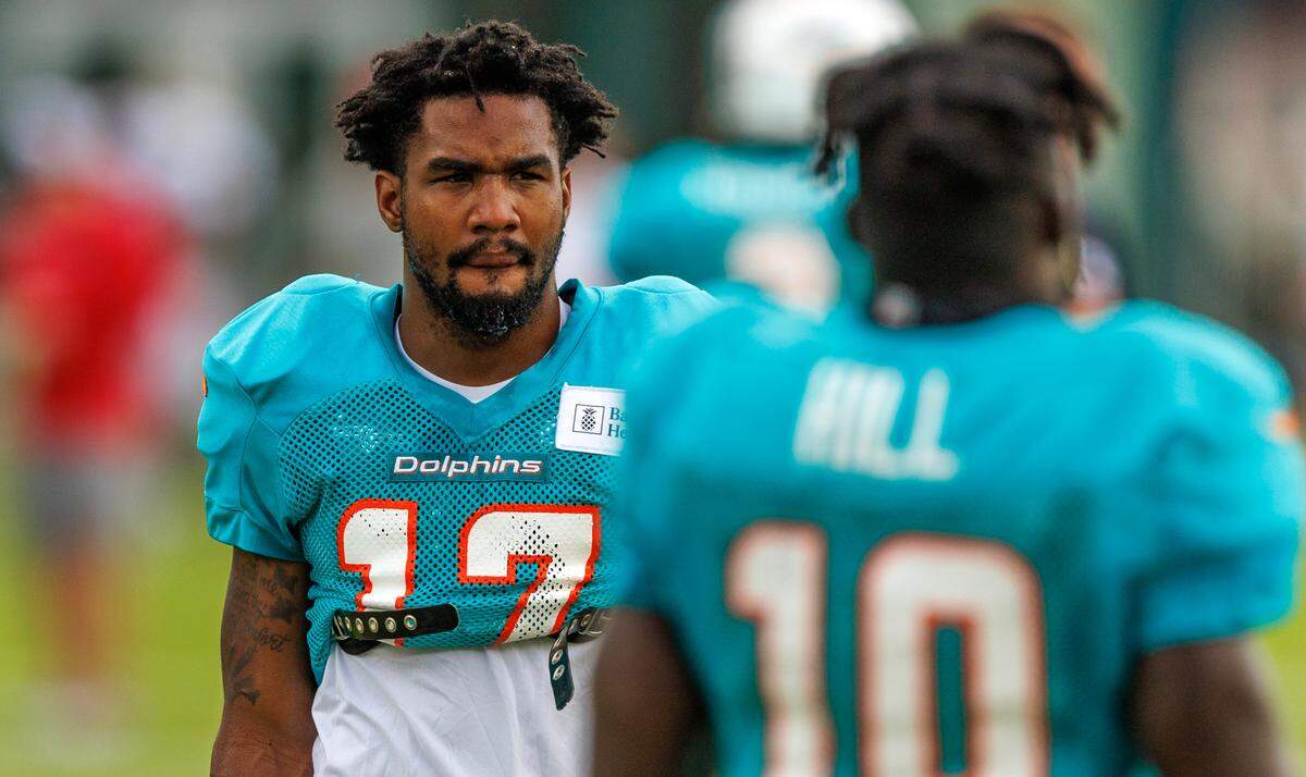 Miami Dolphins wide receiver Jaylen Waddle (17) looks on during a joint practice with the Atlanta Falcons at Baptist Health Training Complex in Hard Rock Stadium on Wednesday, August 9, 2023 in Miami Gardens, Florida.