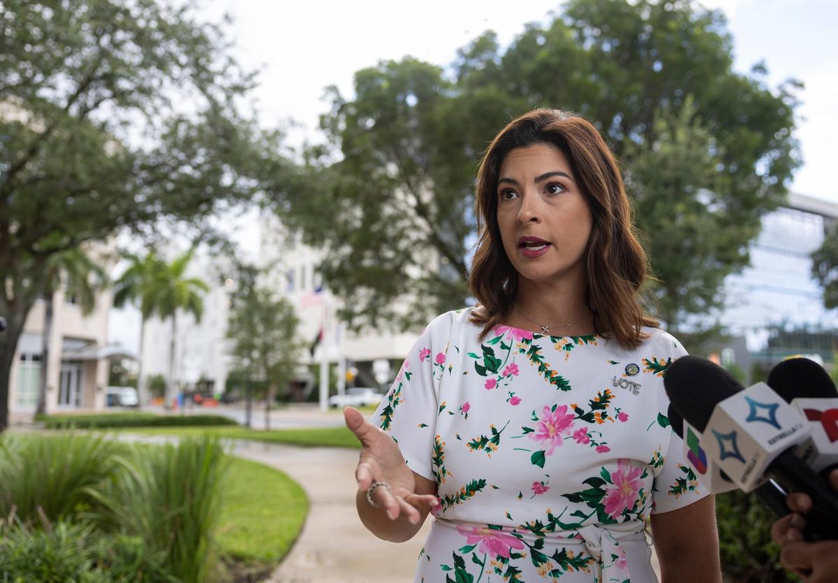 Doral Mayor Christi Fraga holds a press conference at Downtown Doral Park on Wednesday, Aug. 28, 2024, in Doral, Fla.