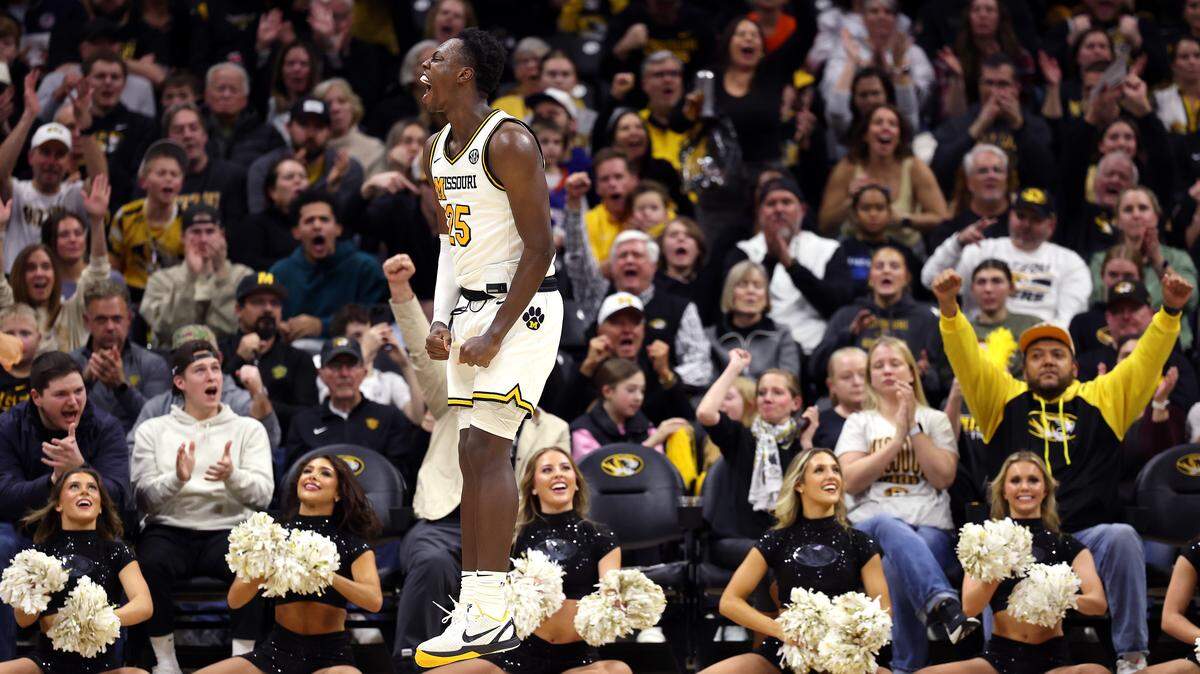 COLUMBIA, MISSOURI - JANUARY 03: Mark Mitchell #25 of the Missouri Tigersr eacts after scoring and drawing a foul during the game against the Florida Gators at Mizzou Arena on January 03, 2026 in Columbia, Missouri. (Photo by Jamie Squire/Getty Images)