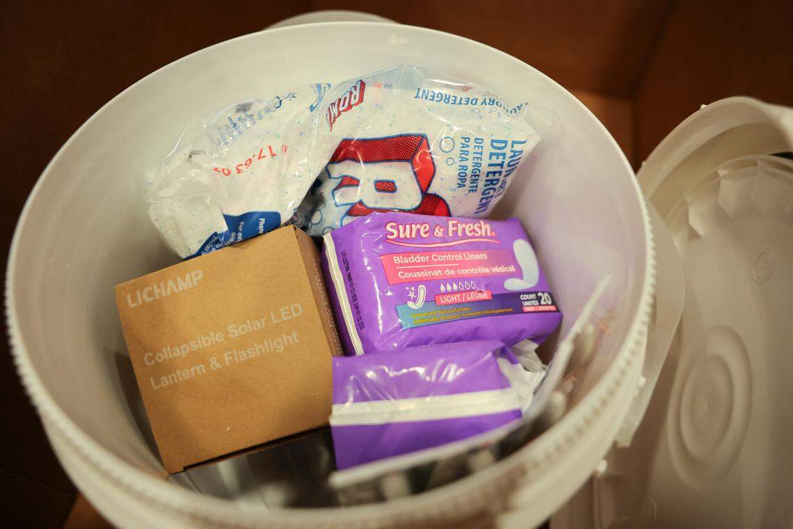 Relief supplies are seen inside a bucket before being shipped to victims of Hurricane Melissa in Cuba at the Ecolog Warehouse, 1951 N. Commerce Pkwy., Wednesday, Jan. 14, 2026, in Weston, Fla.