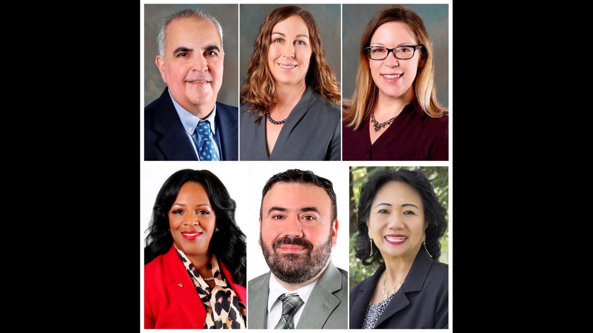 From left to right, top: Jorge Obeso, Theresa Chormansk, Brooke Bovee. Bottom row, from left: Kimberly Carter, Victor Calderin, Hoa Burrows. The six professors were named Endowed Teaching Chairs at Miami Dade College.