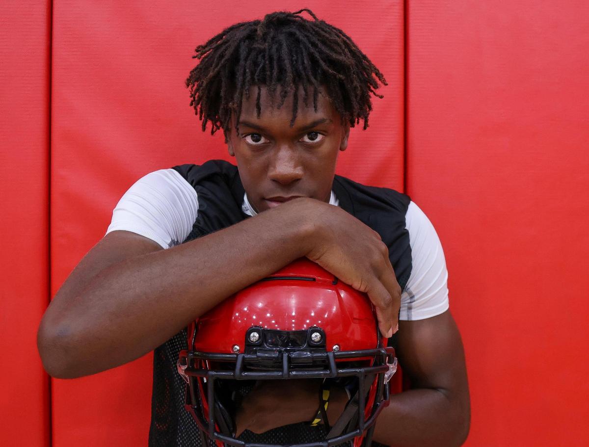 Monarch High football wide receiver Jabari Brady is photographed as the team held their practice inside the school’s gym due to bad weather and lightning on Monday, July 31, 2023 in Coconut Creek, Florida.