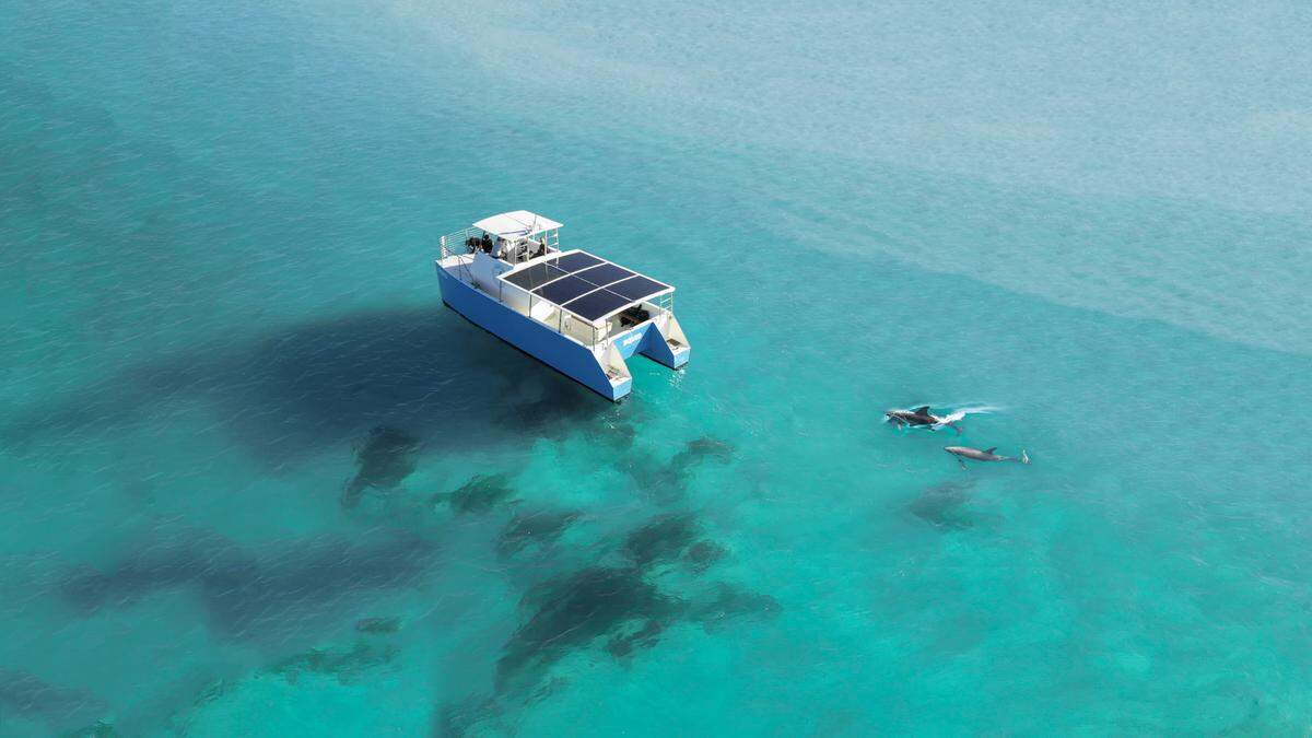 The “SQUID” is one of the first solar-powered electric boats awaiting certification by the U.S. Coast Guard as a charter boat.