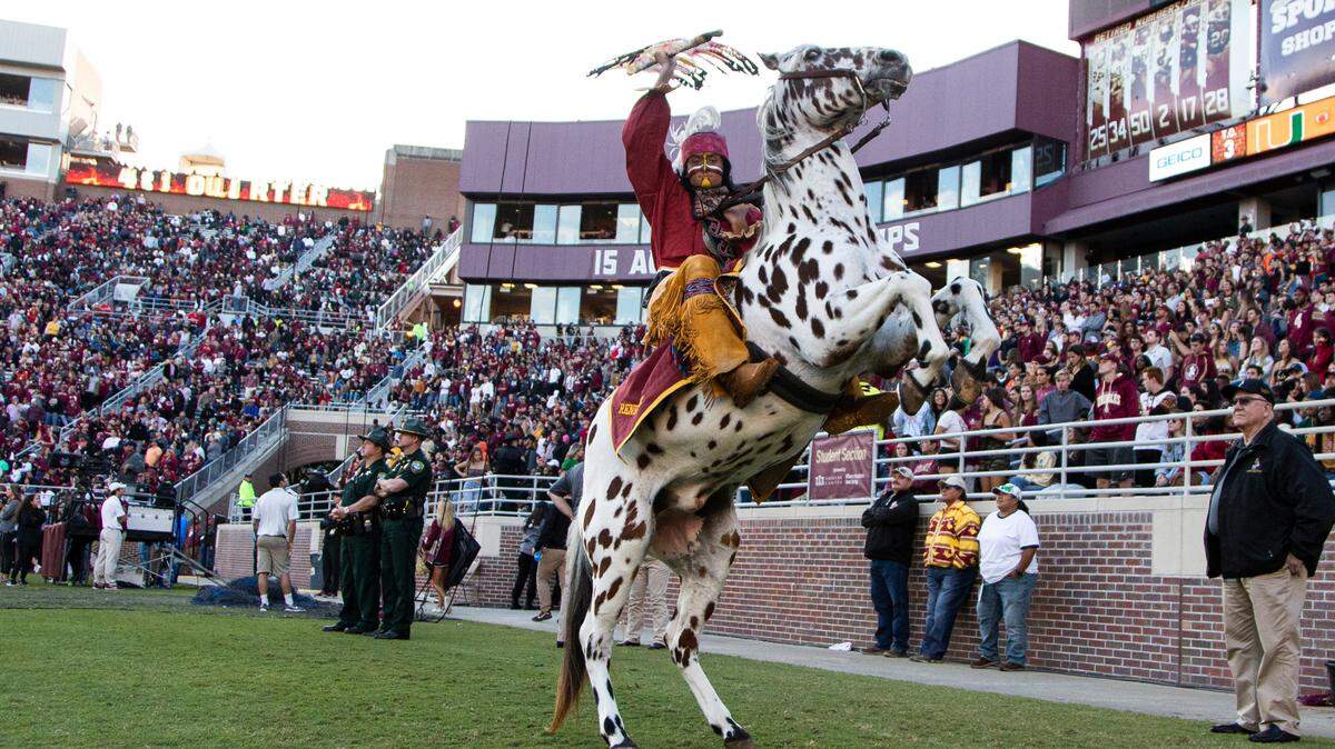 Florida State mascot Osceola atop Renegade in the second half of an NCAA college football game against Miami in Tallahassee, Fla., Saturday, Nov. 2, 2019.