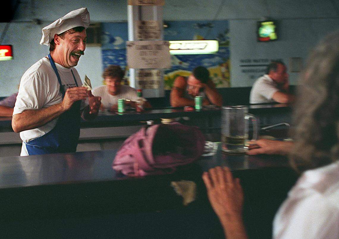 Ted’s Hideawy in 1997, when Mickey Gould tended bar, cooked and kept the customers smiling at he SOuth Beach bar.