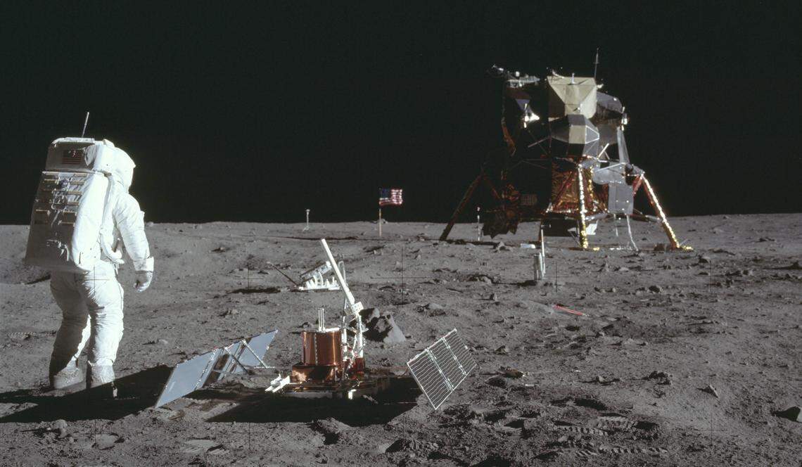 A photo provided by Project Apollo Archive/NASA of seismometers being deployed on the moon by Apollo 11 astronauts in 1969.