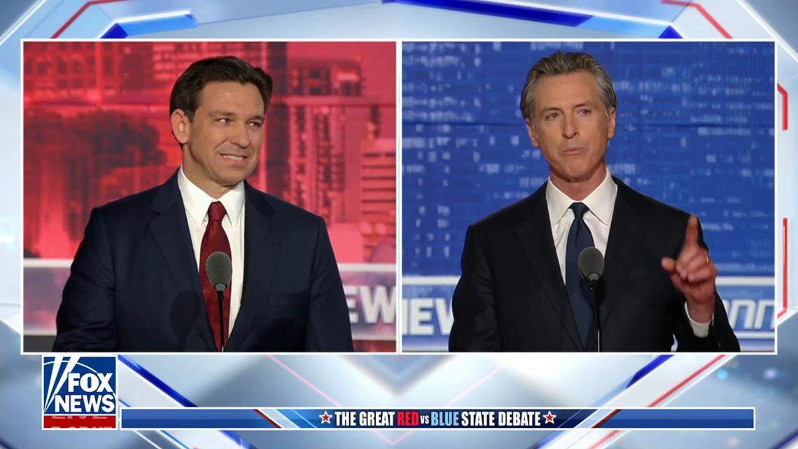 Republican presidential candidate Florida Gov. Ron DeSantis and California Gov. Gavin Newsom faced each other in a debate hosted by Fox News’ Sean Hannity on Thursday, Nov. 30, 2023 in Georgia.