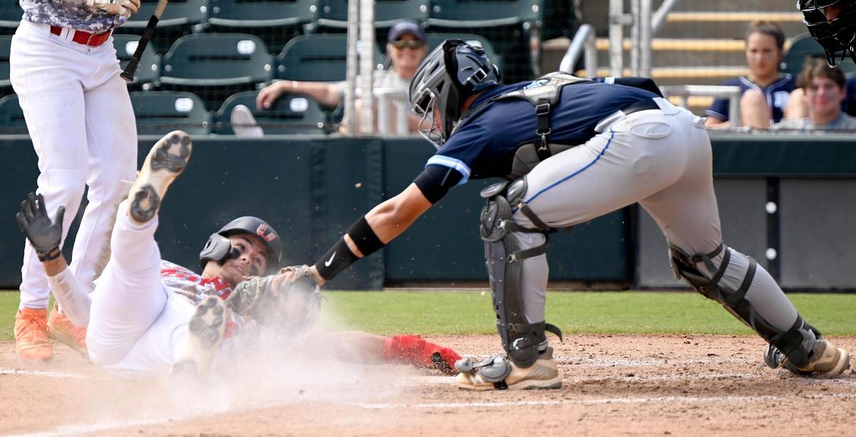 Miami Christian High School Roy Quevedo (6) steals home during their state semifinal game with Foundation Academy in Class 2A game Fort Myers, Monday, May 23, 2022.(Photo/Chris Tilley)