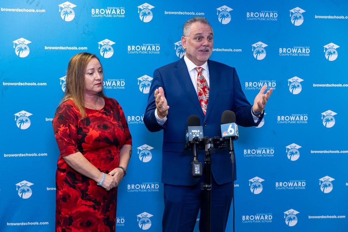Broward County School Board chair Lori Alhadeff and superintendent Peter Licata speak during a press conference at the Kathleen C. Wright Building on Tuesday, Nov. 14, 2023, in Fort Lauderdale, Fla.