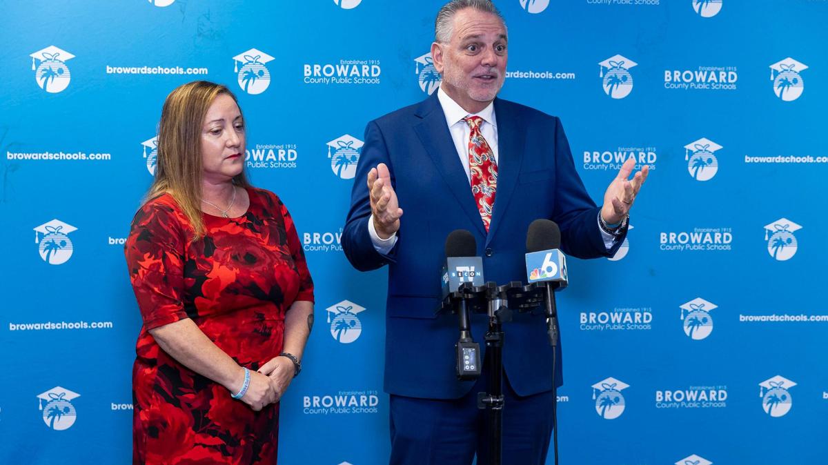 Broward County School Board chair Lori Alhadeff and superintendent Peter Licata speak during a press conference at the Kathleen C. Wright Building on Tuesday, Nov. 14, 2023, in Fort Lauderdale, Fla.