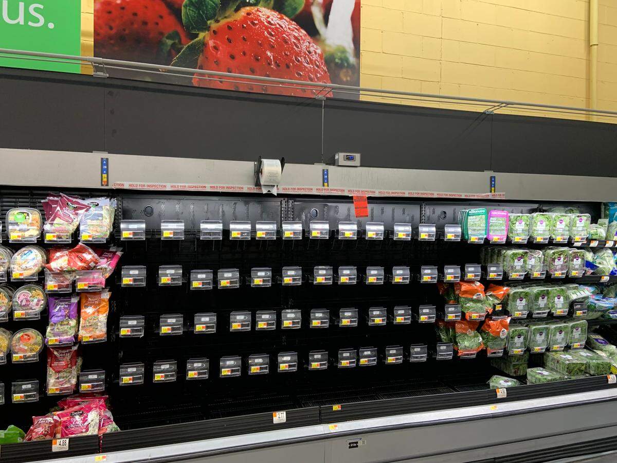 The produce storage case that got hit with a Stop Use Order (the red tag above the empty shelves) for being in “disrepair.”