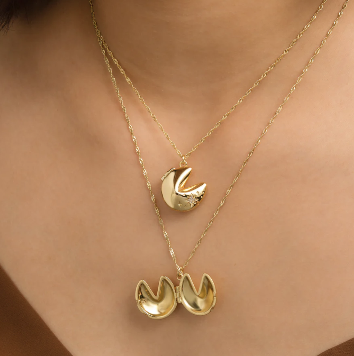 Wanderlust + Co Fortune Cookie Gold Locket Necklace