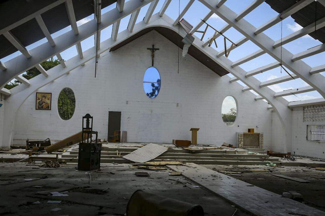 A roofless church in the Lower Delmas neighborhood of Haiti’s capital is among several buildings that were pillaged and destroyed in gang attacks. The neighborhood had been emptied out by gangs who invited residents on Tuesday, Aug. 26, to return to the neighborhood.