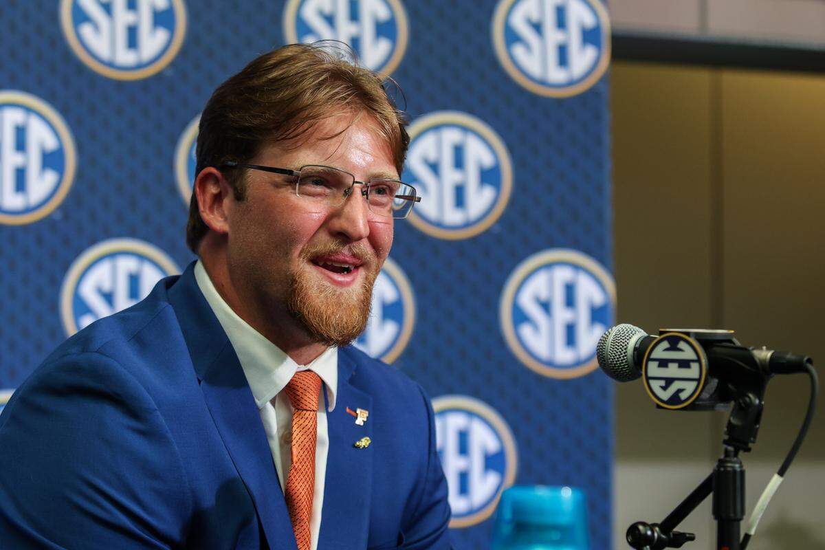 Jul 16, 2025; Atlanta, GA, USA; Florida State Gators offensive lineman Jake Slaughter answers questions from the media during the SEC Media Days at Omni Atlanta Hotel. Mandatory Credit: Jordan Godfree-Imagn Images