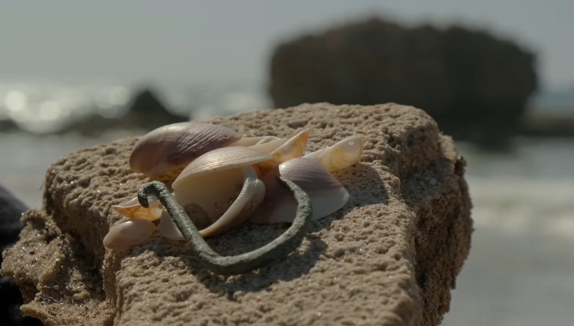 The hook sitting next to seashells.
