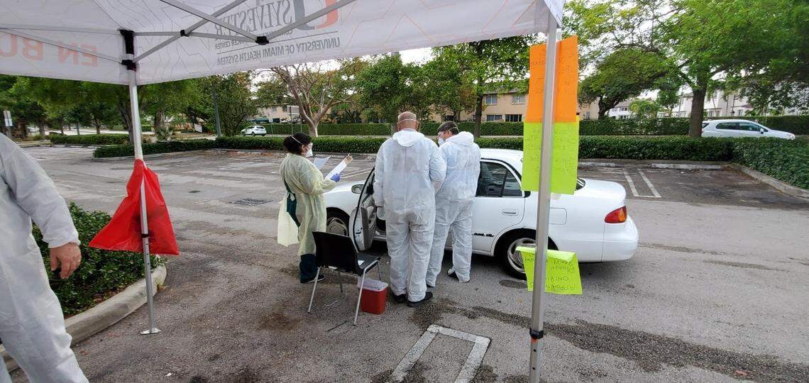 Miami-Dade Fire Rescue conducts a pinprick blood test at a testing location in Miami Beach on Monday, April 6, 2020.