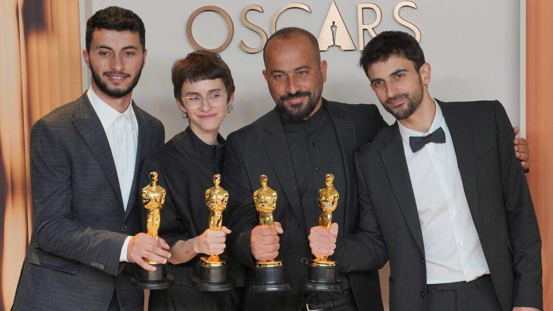 After Sunday’s Oscar win, (L-R) Basel Adra, Rachel Szor, Hamdan Ballal, Yuval Abraham, winners of the Best Documentary Feature Film for “No Other Land”, pose in the press room at the Academy Awards.