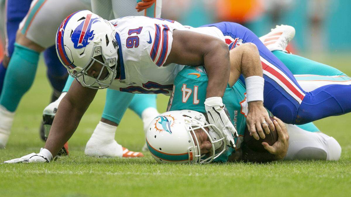 This sack by Bills defensive lineman Ed Oliver was one of seven suffered by Dolphins quarterback Ryan