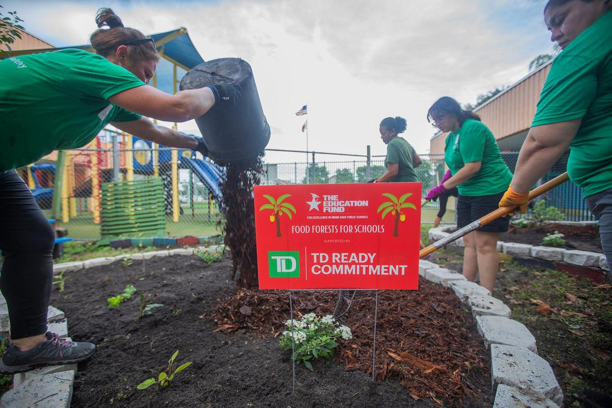 Students work around the sign at the school garden.