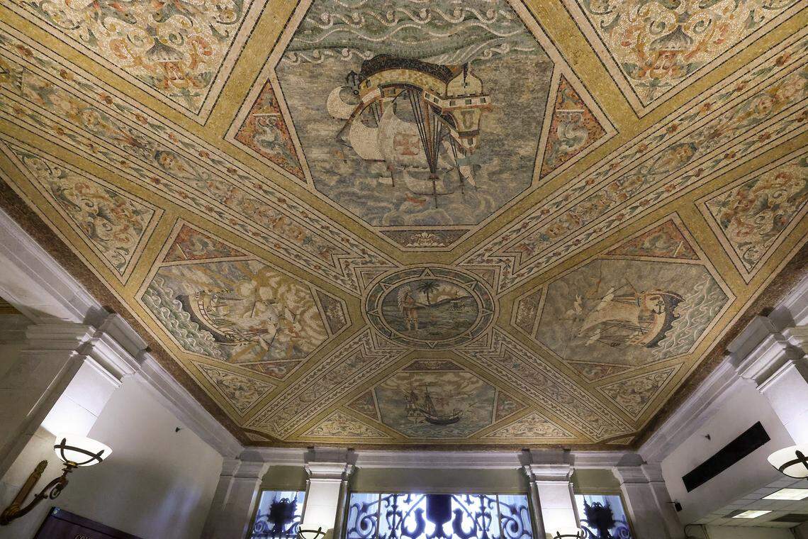 One of the elaborate mosaics that adorn the lobby ceiling at the south entry, one of two that are historic elements of the old courthouse that has been restored in Miami, Florida, on Wednesday, January 14, 2026. The Dade County Courthouse is significant as an excellent example of Neo-Classical architecture. The detailing of the remaining historic interior spaces and features continue to reflect this distinctive style and contributes to a more complete understanding of the historic character of the Courthouse.