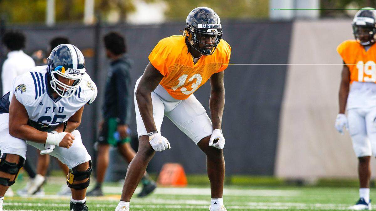 Florida International University tight end Rivaldo Fairweather (13) plays his position during football practice at the practice fields at Florida International University in Miami, Florida, on Thursday, March 24, 2022.
