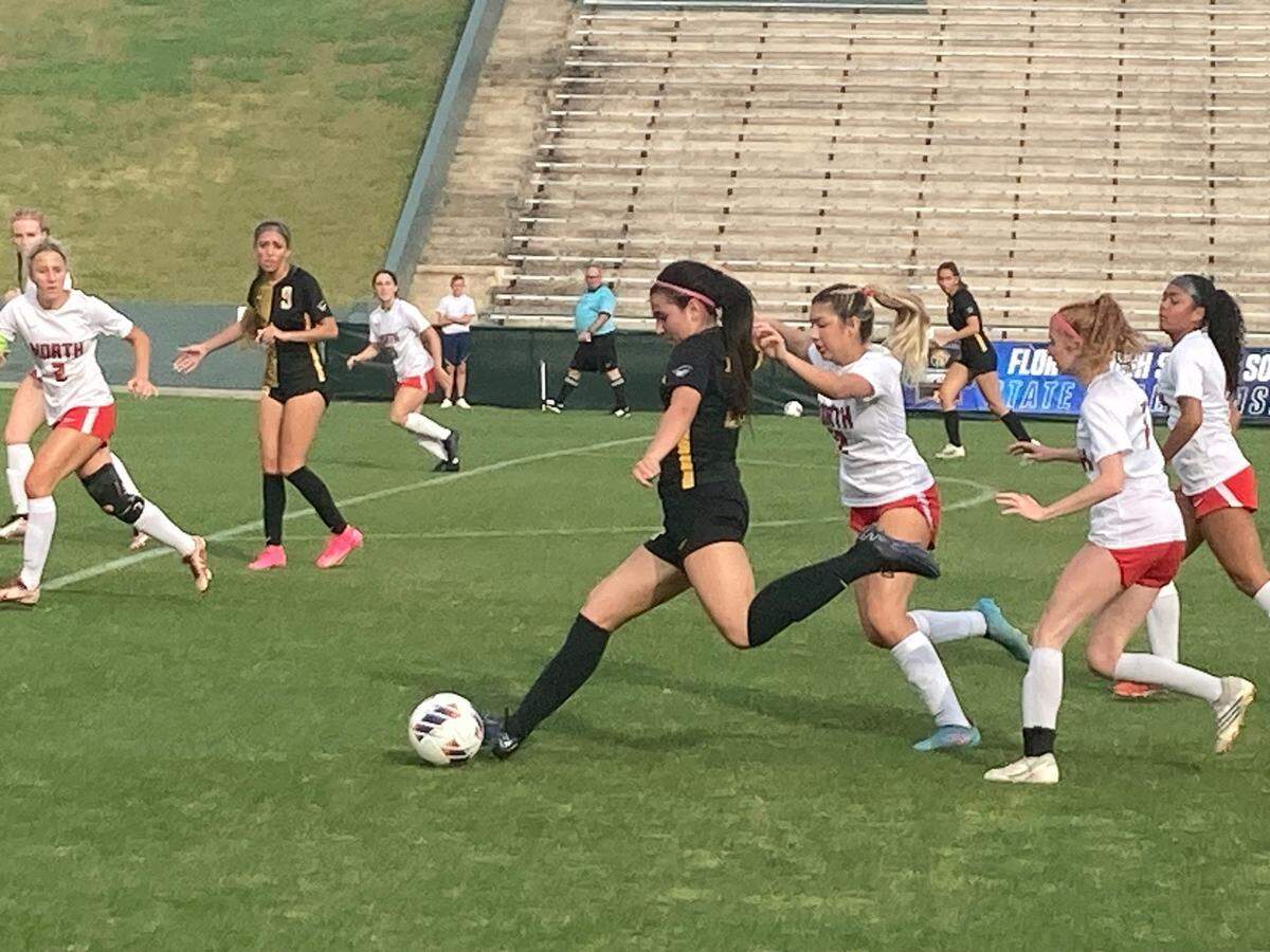 American Heritage’s Samantha Villaverde to fire a shot against North Fort Myers on Friday during the Class 5A state championship match at Spec Martin Stadium in DeLand, Fla.