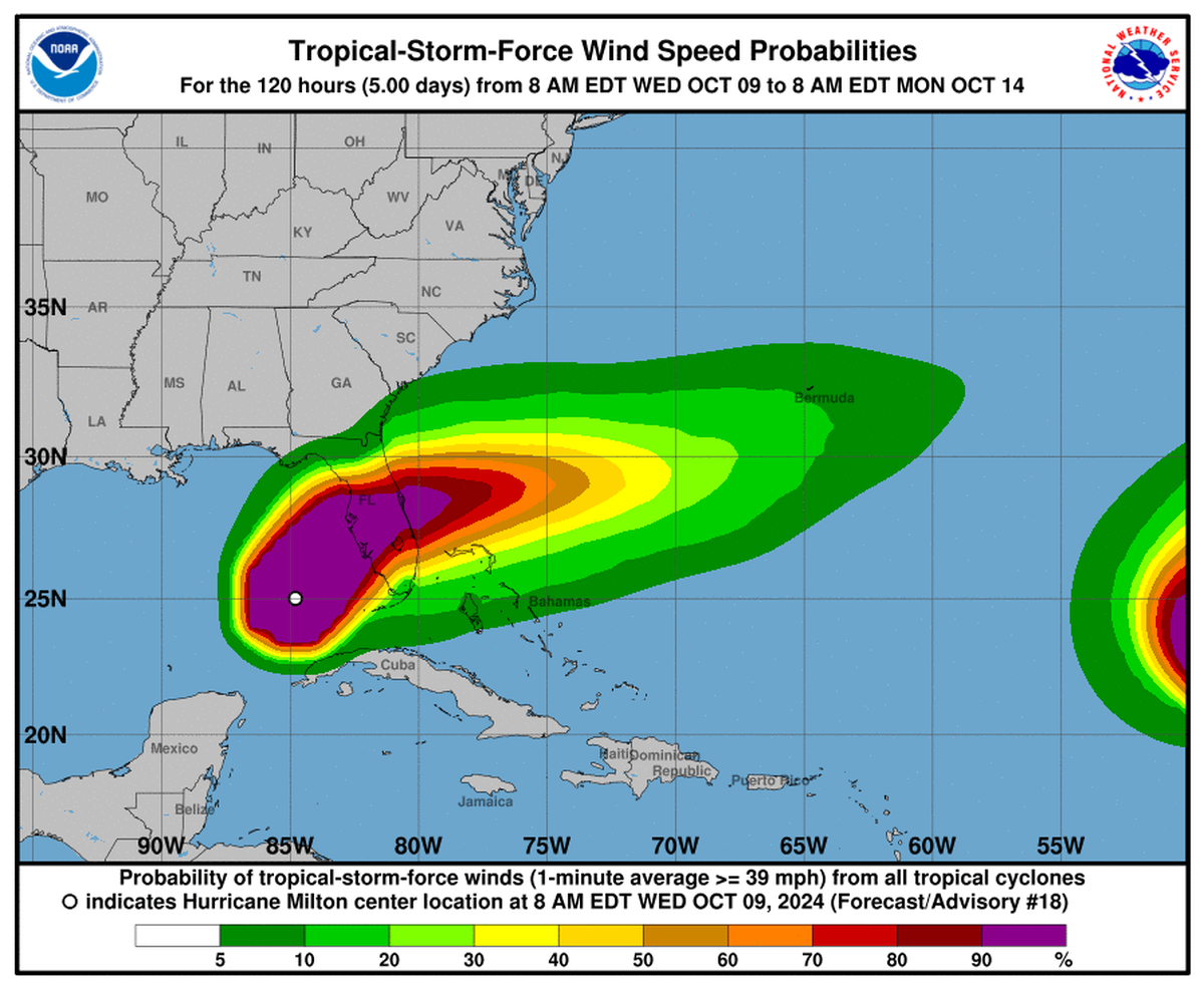 Tropical storm force wind possibilities spawned by Hurricane Milton. Forecast for Oct. 9, 2024, from National Hurricane Center.
