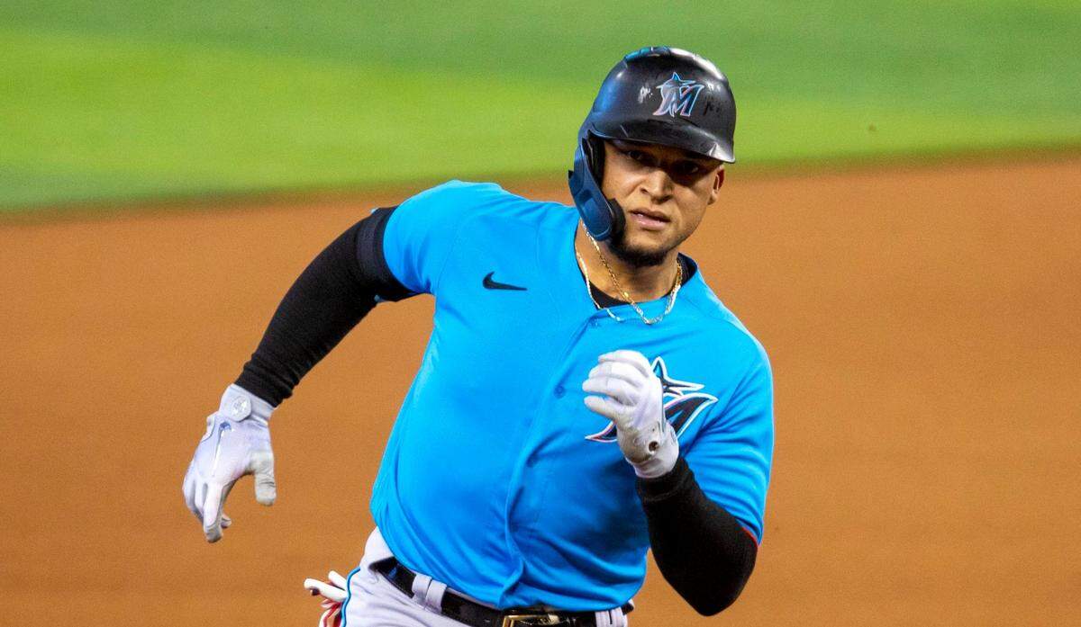 Marlins second baseman Isan Diaz rounds second base during a intra squad simulated game at Marlins Park in Miami, Florida on Tuesday, July 14, 2020.