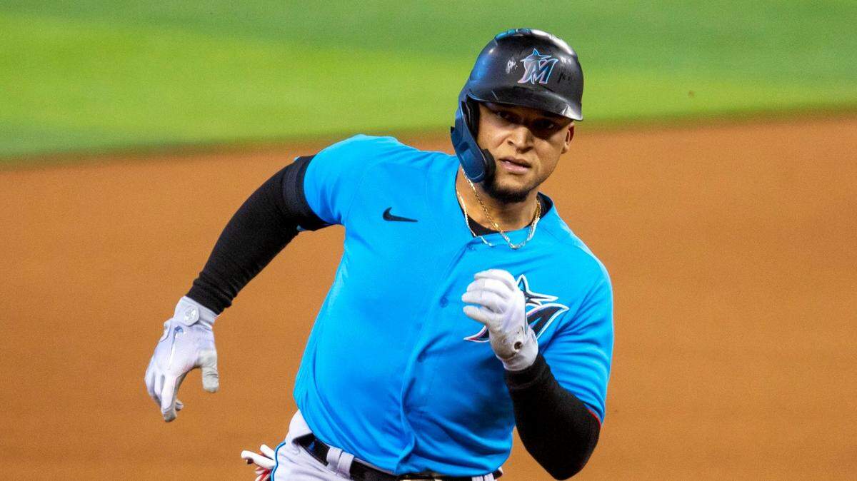 Marlins second baseman Isan Diaz rounds second base during a intra squad simulated game at Marlins Park in Miami, Florida on Tuesday, July 14, 2020.