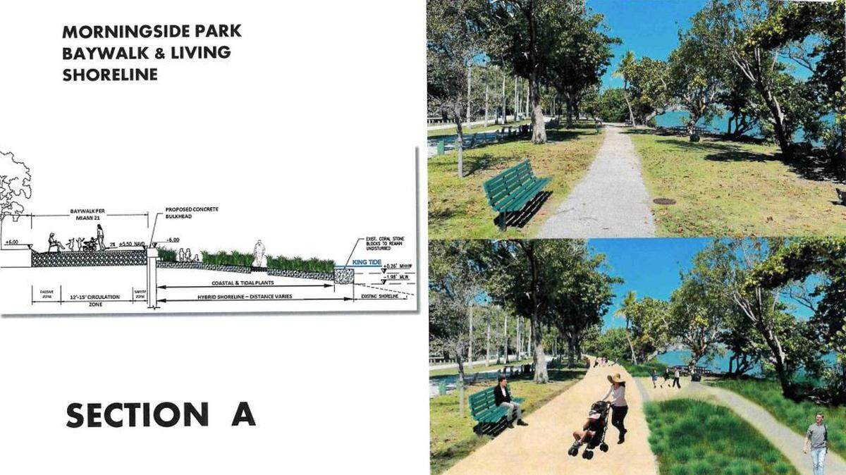 The accepted plan for the redesign of Miami’s Morningside park includes a 6-foot tall seawall, a walking path and a landscaped shoreline with native plants.