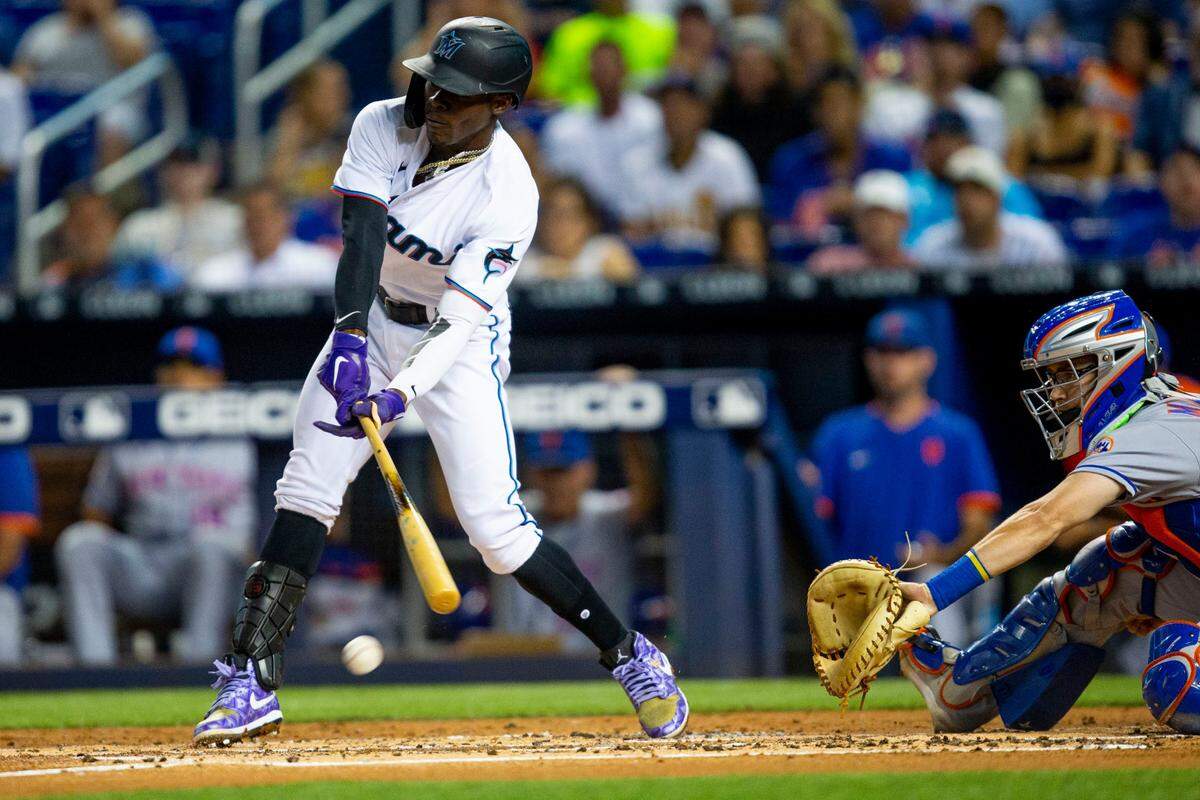 Miami Marlins batter Jazz Chisholm Jr. (2) swings at the ball during the first inning of an MLB game against the New York Mets at loanDepot park in the Little Havana neighborhood of Miami, Florida, on Tuesday, September 7, 2021.