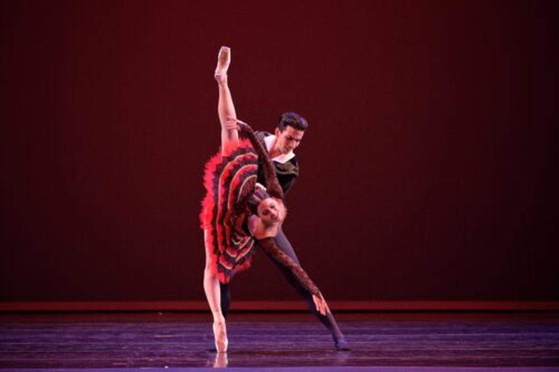 Washington Ballet dancers Katherine Barkman and Jorge Oscar Sanchez strike an arabesque penché.
