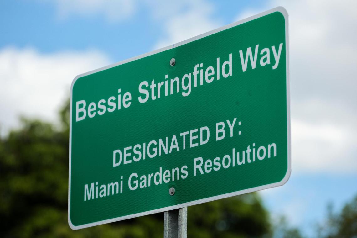 The Bessie Stringfield Way sign at NW 24th Avenue and NW 153rd Terrace in Miami Gardens, Florida.