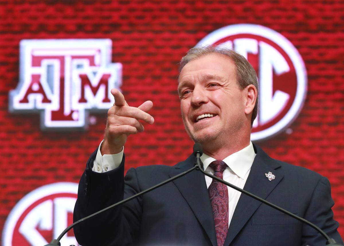 Texas A&M head coach Jimbo Fisher holds his SEC Media Days press conference at the College Football Hall of Fame on Monday, July 16, 2018 in Atlanta, Ga. (Curtis Compton/Atlanta Journal-Constitution/TNS)