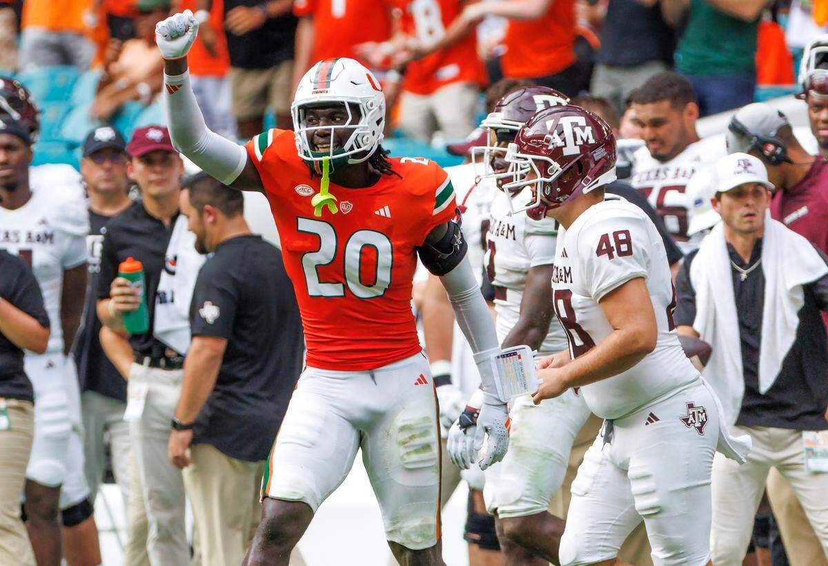 Miami Hurricanes safety James Williams (20) reacts after a play against Texas A&M during the second quarter of an NCAA non conference game at Hard Rock Stadium on Saturday, Sept. 9, 2023 in Miami Gardens, Florida.
