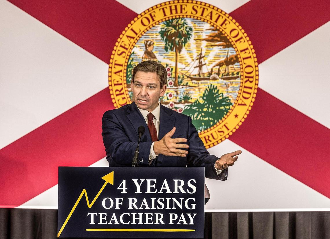 Florida Gov. Ron DeSantis at a a press conference at True North Classical Academy charter school in Miami, Tuesday, May 9, 2022, where he signed a handful of education bills passed by the Florida Legislature, including limiting school board member terms to eight years.