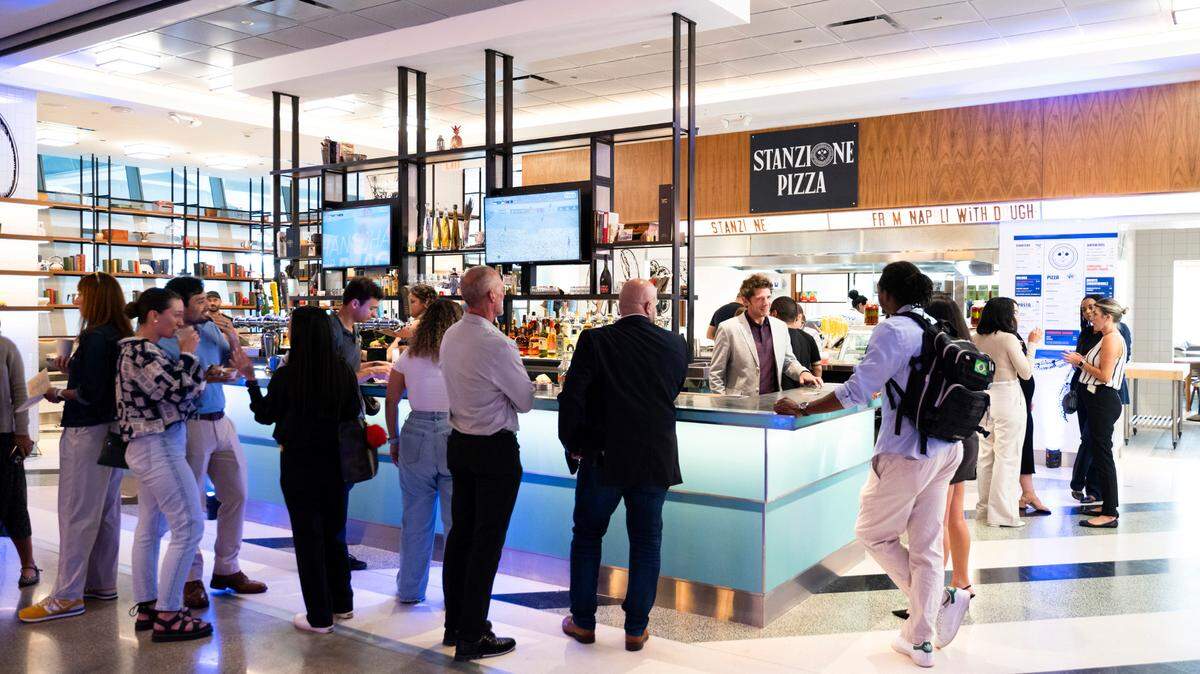 Diners line up for pizza at Stanzione, one of 12 new vendors at Central Fare in Miami.