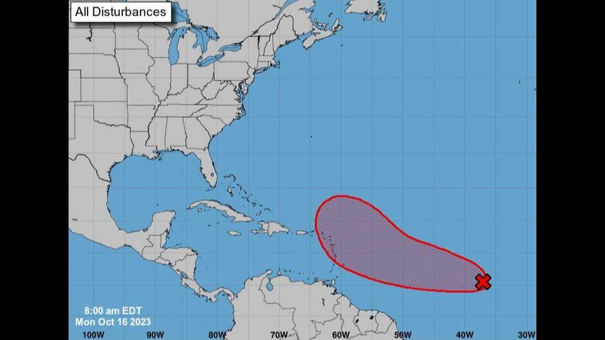The 8 a.m., Oct. 16, Atlantic Ocean map showing the projected path of the disturbance called AL94.