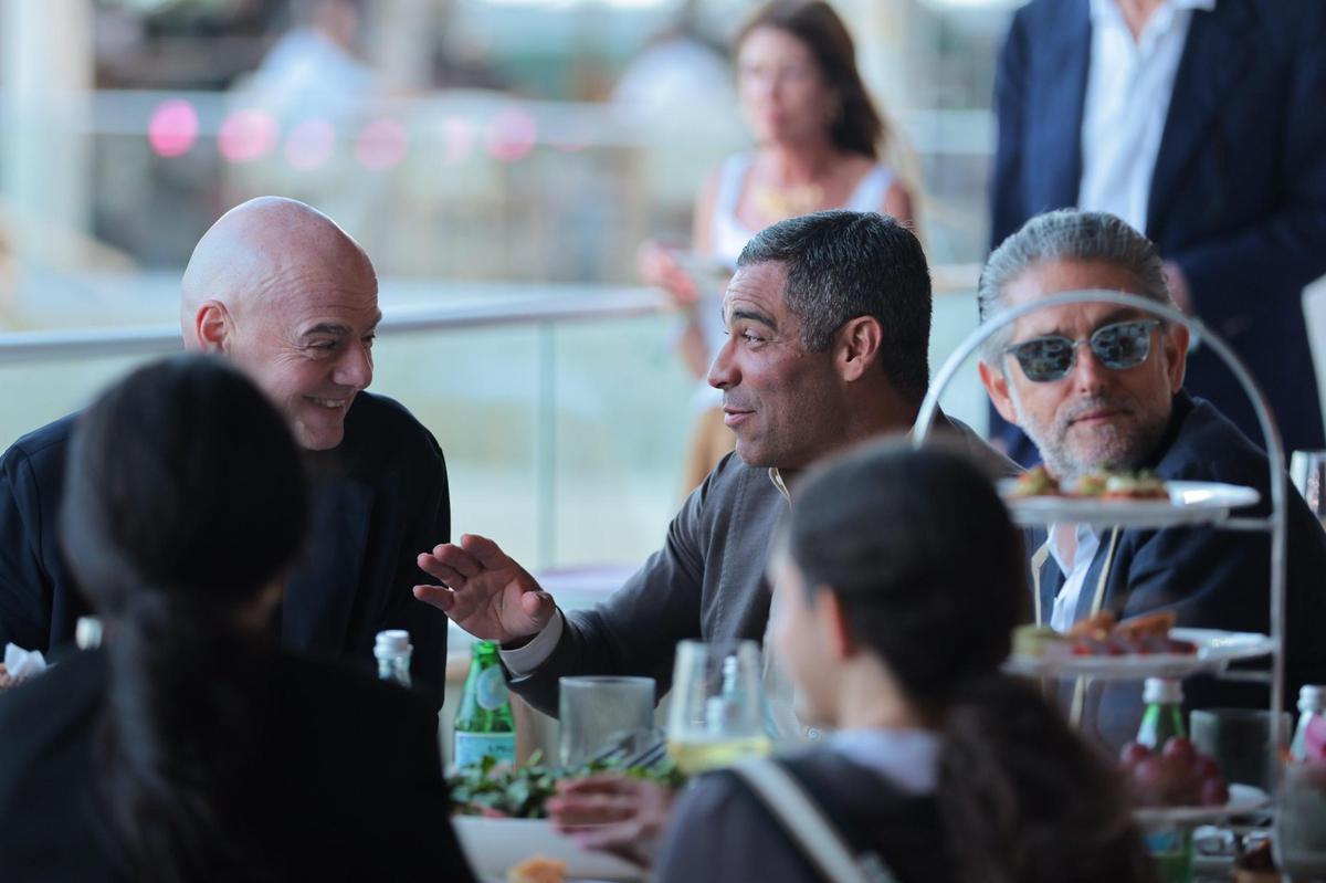 City of Miami Mayor Francis Suarez talks to FIFA president Gianni Infantino during the Global Champions Arabians Tour Miami Beach Presented by Qatar Airways at 3601 Collins Ave in Miami Beach, Florida, Saturday, April 19, 2025.