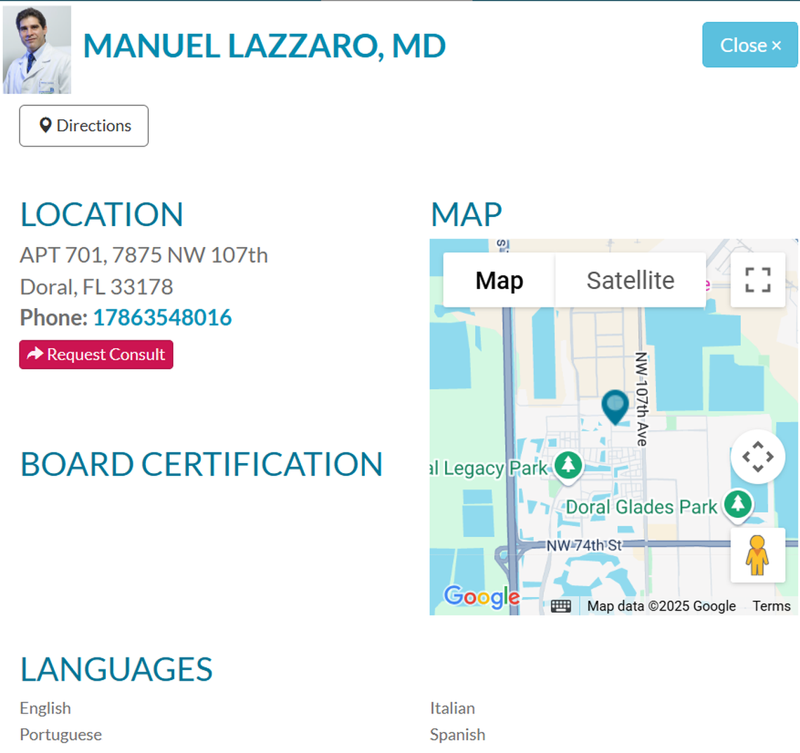 Manuel Lazzaro’s American Society of Plastic Surgery listing remained up, as of Sunday, April 20.