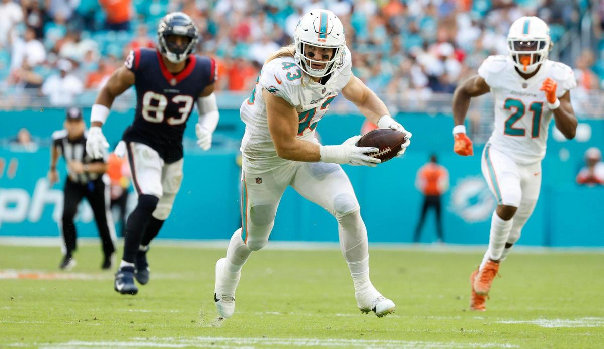 Miami Dolphins linebacker Andrew Van Ginkel (43) picks off a pass against the Houston Texans in the second quarter at Hard Rock Stadium in Miami Gardens on Sunday, November 27, 2022.
