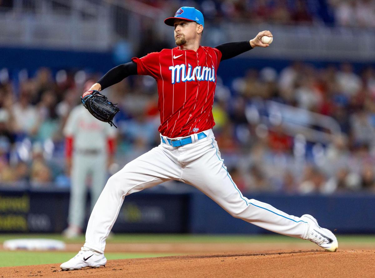 Miami Marlins pitcher Braxton Garrett (29) throws a pitch during the first inning of an MLB game against the Philadelphia Phillies at loanDepot park in the Little Havana neighborhood of Miami, Florida, on Saturday, July 8, 2023.