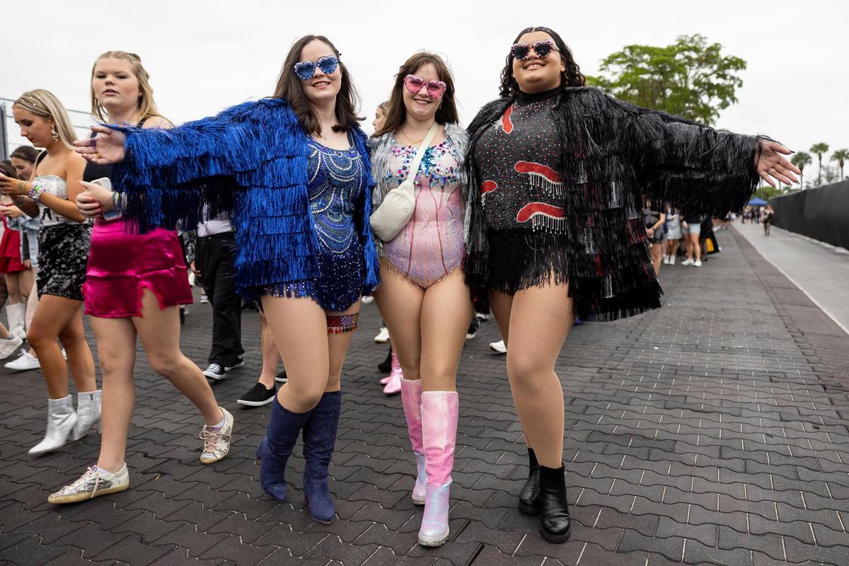 From left to right: Cierra Wood, Katrina Wood and Makayla Roberts are arrive to Hard Rock Stadium to watch Taylor Swift’s The Eras Tour on Friday, Oct.18, 2024, in Miami Gardens, Fla.