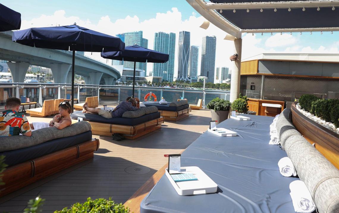 This is an outdoor bar and lounge area called the Dock on Virgin Voyages’ ship Valiant Lady on Sunday, Oct. 30, 2022, at Port Miami.