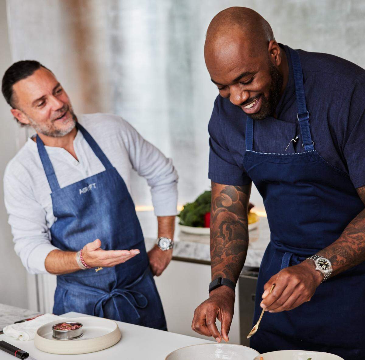 Chef David Myers with Adrift Mare’s executive chef Kamarl John.