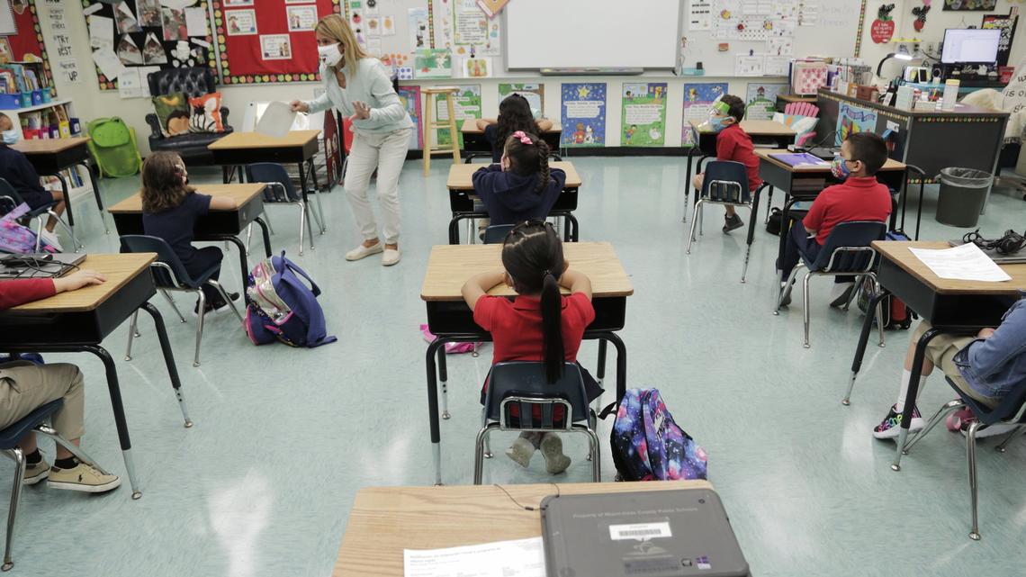 Sarita Sanmiguel’s kindergarten class at Redland Elementary on Oct 5, 2020, the first day of school reopenings amid the coronavirus pandemic. The Miami-Dade School District is putting on the November 2022 ballot a referendum to raise nearly $400 million to go toward teacher pay and school safety.