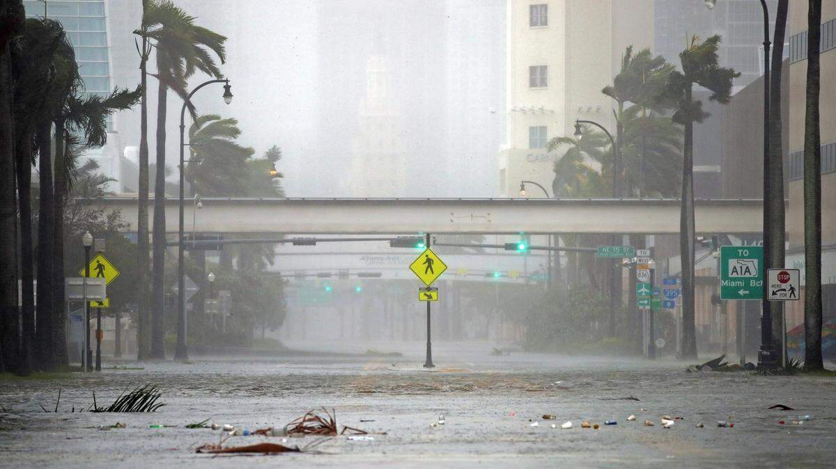 A flooded Biscayne Boulevard and NE 17th Street in Miami during Hurricane Irma on Sunday, September 10, 2017.