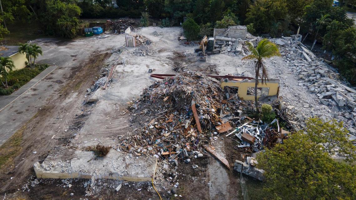 An aerial view shows the demolition underway of the former Archbishop Curley High School in Buena Vista, a neighborhood just north of the Miami Design District and south of Little Haiti, on Dec. 14, 2021.