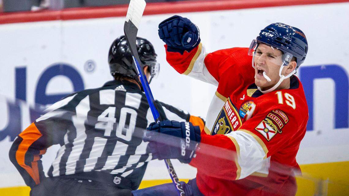 Florida Panthers left wing Matthew Tkachuk (19) reacts after scoring on Tampa Bay Lightning goalie Andrei Vasilevskiy (88) during the first period of an NHL game at FLA Live Arena in Sunrise, Florida, on Friday, October 21, 2022.