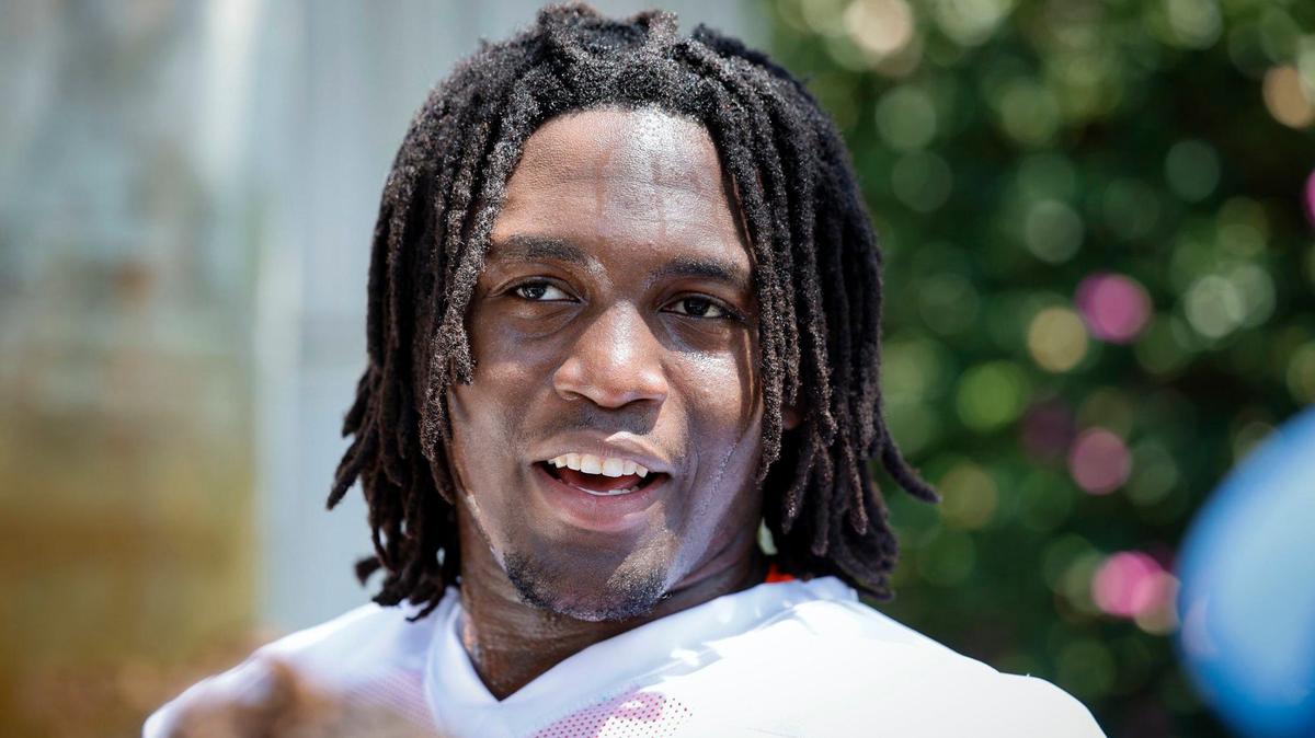 Miami Dolphins Patrick Paul (52) speaks to reporters before practice at the Baptist Health Training Complex in Miami Gardens, Florida on Friday, May 10, 2024.